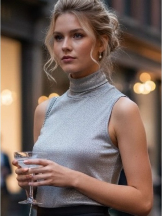 Tops - Minimalist Classy Silver Metallic Sleeveless Turtleneck
